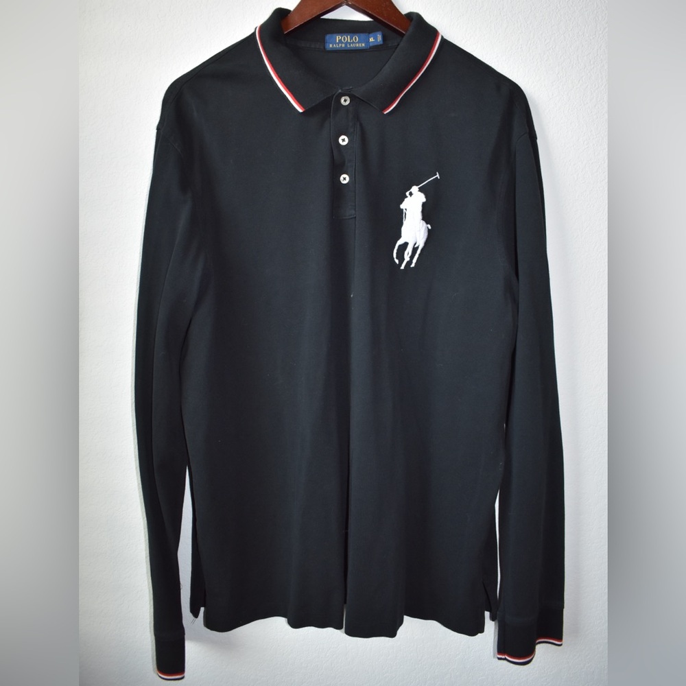 Ralph Lauren Men’s Black Long-Sleeve Polo with White Logo and Red-Trim Collar - Picture 2 of 4
